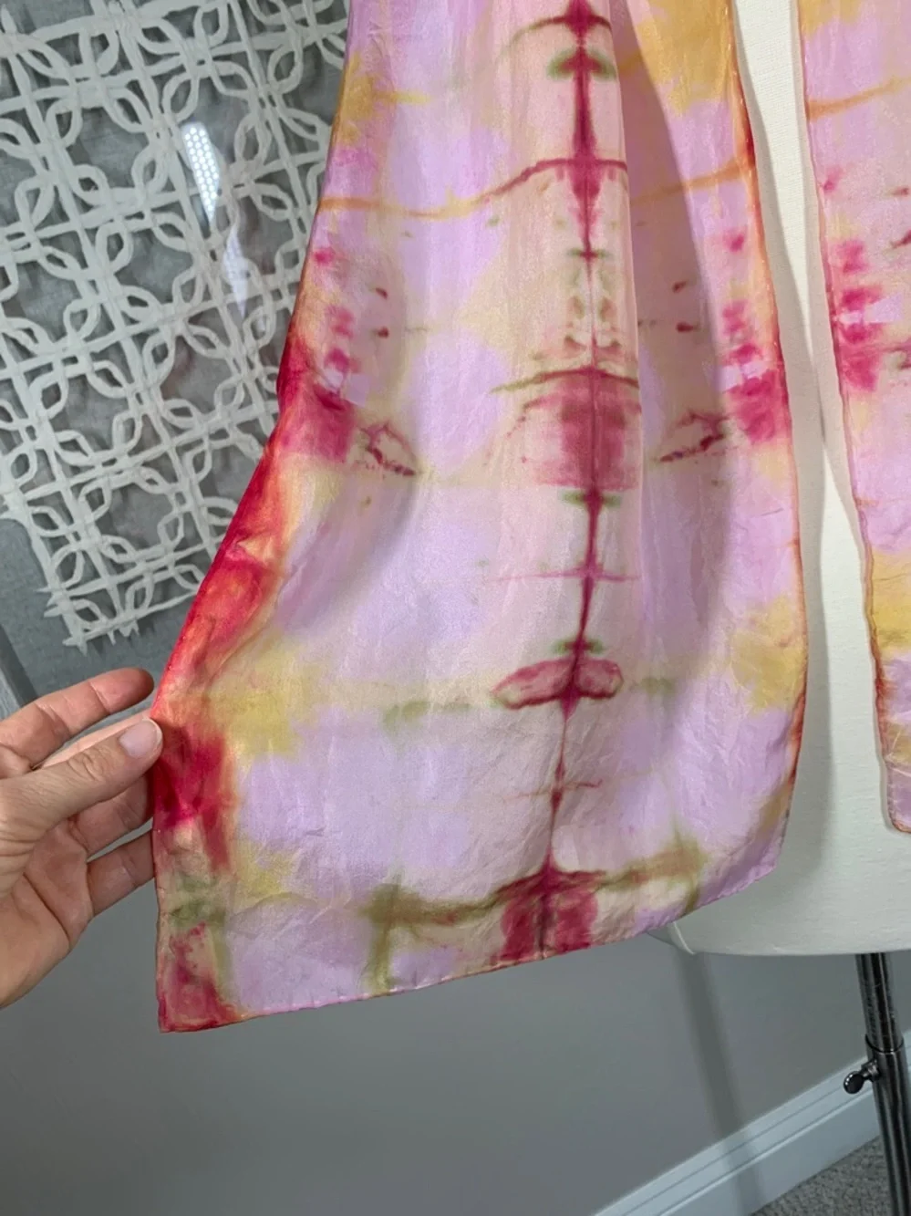 Pink and yellow silk tie dye scarf